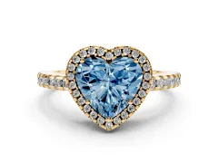 Fancy Blue Heart Cut Diamond Halo Ring Set in Yellow gold with Pavé Shoulders and Halo-Framed Center