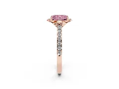 Fancy Pink Radiant Cut Diamond Solitaire Ring Set in Rose gold with Pavé Band and Floral Prong Setting
