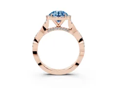 Fancy Blue Round Cut Diamond Halo Twist Band Solitaire Ring Set in Rose gold with Prong Setting