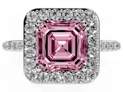 Fancy Pink Asscher Cut Diamond Halo Engagement Ring Set in Silver with Round Pavé Shoulders and Heart Gallery