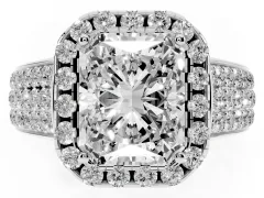 Radiant Cut Diamond Halo Ring Set in Platinum with Pavé Band and Raised Center Setting
