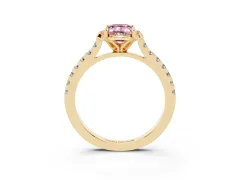 Fancy Pink Emerald Cut Diamond Solitaire Ring Set in Yellow gold with Pavé Band and Floral Prong Setting