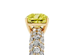 Fancy Yellow Cushion Cut Diamond Pavé Band Solitaire Ring Set in Yellow gold with Close-Set Accent Stones and Prong Setting
