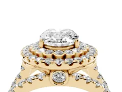 Oval Cut Diamond Double Halo Ring Set in Yellow gold with Round Pavé Split Shank