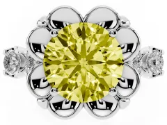 Fancy Yellow Round Cut Diamond Floral Halo Ring Set in White gold with Shared Prong Band