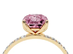 Fancy Pink Radiant Cut Diamond Solitaire Engagement Ring Set in Yellow gold with Round Pavé Band and Prong Setting