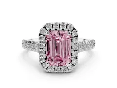 Fancy Pink Emerald Cut Diamond Halo Engagement Ring Set in White gold with Pavé Band and Prong-Set Center