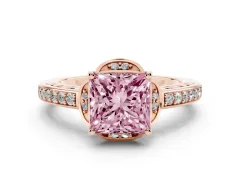 Fancy Pink Princess Cut Diamond Halo Ring Set in Rose gold with Channel Set Band and Prong Setting