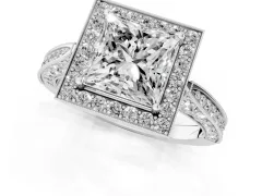 Princess Cut Diamond Halo Engagement Ring Set in White gold with Accent Split Shank Band
