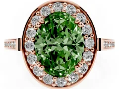 Fancy Green Oval Cut Diamond Halo Ring Set in Rose gold with Accent-Lined Split Shank and Prong Setting