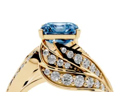 Fancy Blue Asscher Cut Diamond Solitaire Ring Set in Yellow gold with Layered Twist Pavé Band