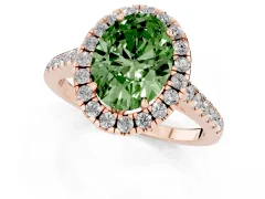 Fancy Green Oval Cut Diamond Pavé Halo Engagement Ring Set in Rose gold with Pavé Band and Prong Setting