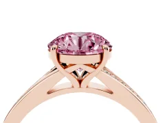 Fancy Pink Round Cut Diamond Solitaire Ring Set in Rose gold with Pavé Accent Band and Classic Prong Setting