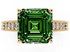 Fancy Green Asscher Cut Diamond Solitaire Pavé Milgrain Engagement Ring Set in Yellow gold with Prong Setting