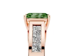 Fancy Green Emerald Cut Diamond Solitaire Ring Set in Rose gold with Channel-Set Accent Stones and Prong Setting
