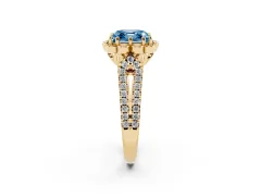 Fancy Blue Asscher Cut Diamond Floral Halo Split Shank Engagement Ring Set in Yellow gold with Pavé Shank