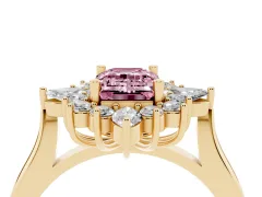 Fancy Pink Emerald Cut Diamond Cluster Halo Ring Set in Yellow gold with Marquise and Round Accents