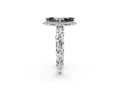 Fancy Black Marquise Cut Diamond Halo Ring Set in Platinum with Filigree Leaf Band and Prong Setting