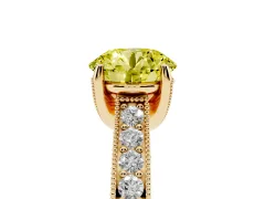 Fancy Yellow Round Cut Diamond Solitaire Ring Set in Yellow gold with Milgrain-Edged Pavé Band and Prong Setting