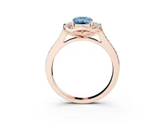 Fancy Blue Emerald Cut Diamond Halo Ring Set in Rose gold with Pavé-Lined Shoulders and Prong Setting