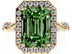 Fancy Green Emerald Cut Diamond Halo Twist Band Solitaire Ring Set in Yellow gold with Prong Setting