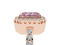 Fancy Pink Emerald Cut Diamond Halo Ring Set in Rose gold with Pavé Shank and Prong Setting