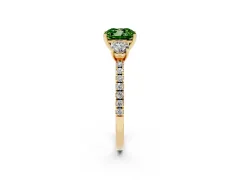 Fancy Green Cushion Cut Diamond Three-Stone Ring Set in Yellow gold with Pavé Band and Graduated Sides