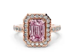 Fancy Pink Emerald Cut Diamond Halo Ring Set in Rose gold with Pavé Shank and Prong Setting