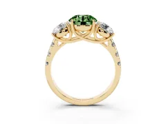 Fancy Green Round Cut Diamond Three-Stone Ring Set in Yellow gold with Pavé Band