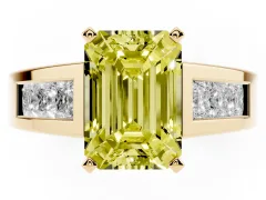 Fancy Yellow Emerald Cut Diamond Solitaire Ring Set in Yellow gold with Channel-Set Accent Stones and Prong Setting
