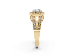Cushion Cut Diamond Halo Ring Set in Yellow gold with Stone-Set Split Shank and Milgrain Edges