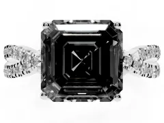 Fancy Black Asscher Cut Diamond Twist Pavé Solitaire Engagement Ring Set in Silver with Prong Setting