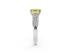 Fancy Yellow Emerald Cut Diamond Pavé Band Solitaire Ring Set in White gold with Close-Set Accent Stones and Prong Setting