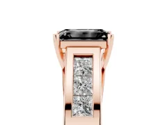 Fancy Black Emerald Cut Diamond Solitaire Ring Set in Rose gold with Channel-Set Accent Stones and Prong Setting