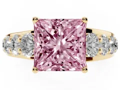 Fancy Pink Princess Cut Diamond Pavé Engagement Ring Set in Yellow gold with Prong Setting