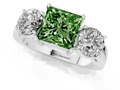 Fancy Green Princess Cut Diamond Three-Stone Ring Set in Silver with Round Side Stones and Classic Band