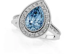 Fancy Blue Pear Cut Diamond Halo Milgrain Pavé Band Ring Set in Silver with Prong Setting