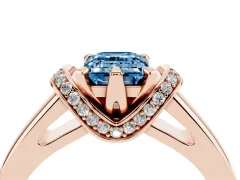 Fancy Blue Emerald Cut Diamond Pavé Band Solitaire Ring Set in Rose gold with Prong Setting