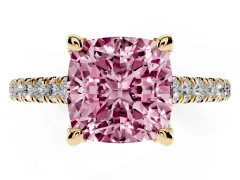 Fancy Pink Cushion Cut Diamond Solitaire Ring Set in Yellow gold with Brilliant Pavé Band and Prong Setting