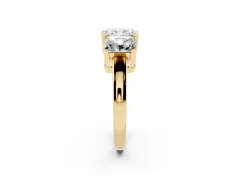 Radiant Cut Diamond Three-Stone Ring Set in Yellow gold with Channel-Set Band and Prong Settings