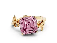 Fancy Pink Asscher Cut Diamond Solitaire Twist Engagement Ring Set in Yellow gold with Pavé Leaf Accents