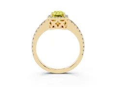Fancy Yellow Radiant Cut Diamond Halo Ring Set in Yellow gold with Pavé Shoulders and Halo-Framed Center