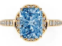 Fancy Blue Radiant Cut Diamond Halo Ring Set in Yellow gold with Channel Set Band and Prong Setting