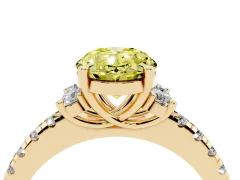 Fancy Yellow Oval Cut Diamond Three-Stone Pavé Ring Set in Yellow gold with Prong Setting
