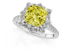 Fancy Yellow Cushion Cut Diamond Halo Ring Set in Platinum with Pavé Band and Prong Setting