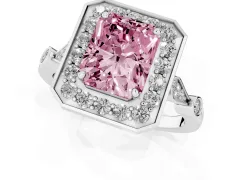 Fancy Pink Radiant Cut Diamond Halo Engagement Ring Set in Silver with Twisted Band and Prong Setting