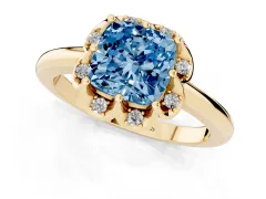 Fancy Blue Cushion Cut Diamond Round Cluster Halo Ring Set in Yellow gold with Solitaire Band and Prong Setting