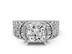 Princess Cut Diamond Milgrain Halo Pavé Engagement Ring Set in White gold with Prong Setting