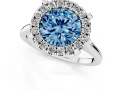 Fancy Blue Round Cut Diamond Cluster Halo Solitaire Ring Set in Platinum with Prong Setting