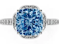 Fancy Blue Cushion Cut Diamond Halo Ring Set in Platinum with Channel Set Band and Prong Setting
